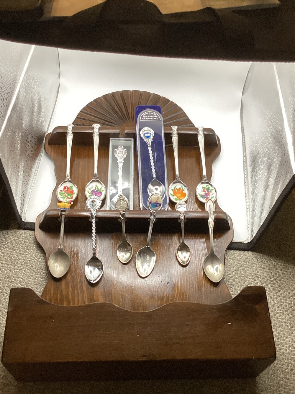 12 Collector Spoons Set with Wooden Rack w Pocket Area